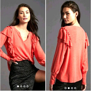 Anthropologie Pilcro Womens Small Top Ruffles Puff Long Sleeve Orange V-neck‎